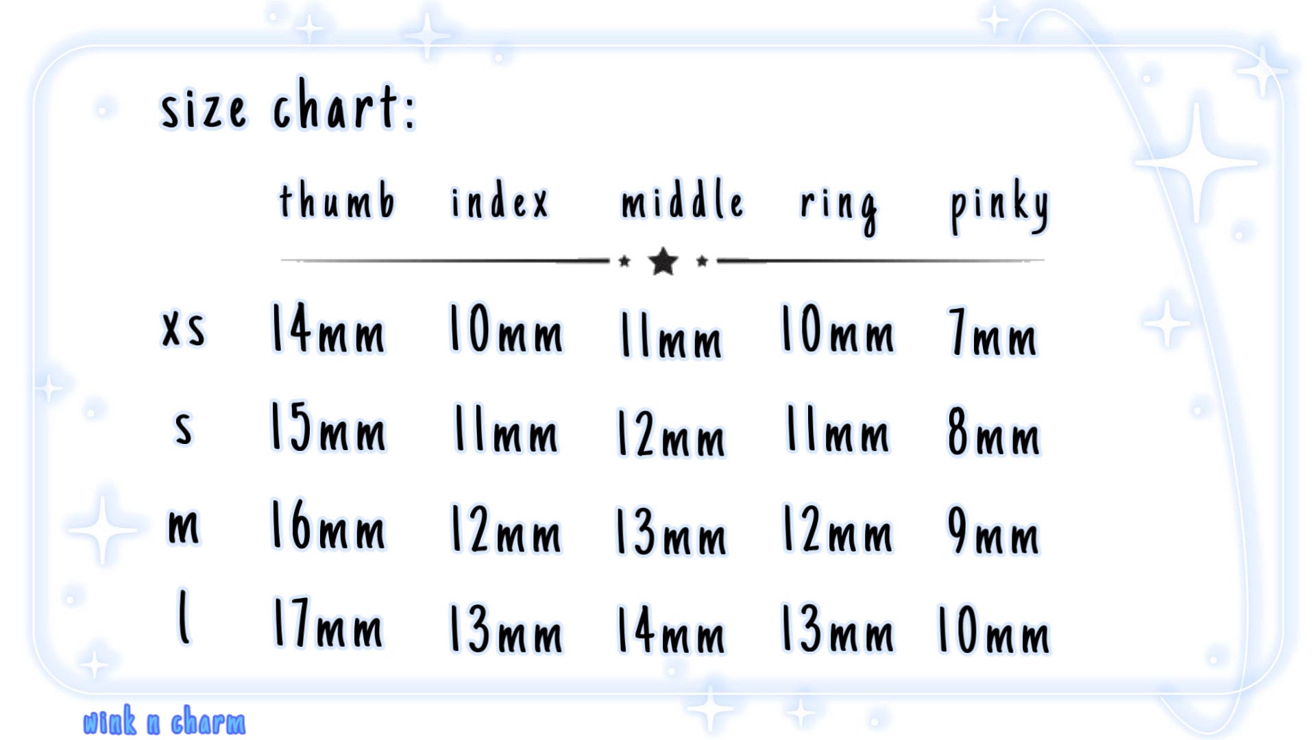 Size chart for finger nails with measurements in millimeters