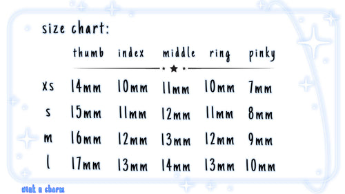 Size chart for finger nails with measurements in millimeters